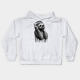 Sloth Painting Wearing Headphones in Black and White Kids Hoodie